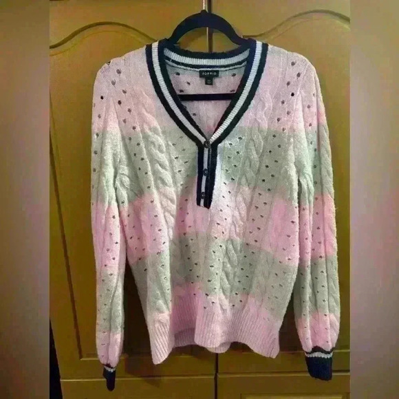 Plus 00 Torrid Vegan Cashmere Pullover Henley Striped Sweater Pink Navy Beige - Picture 1 of 5